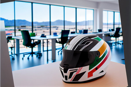 Modern foolface motorcycle helmet on boss table in office. Big boys toys. Hobby. Ai generativeの素材