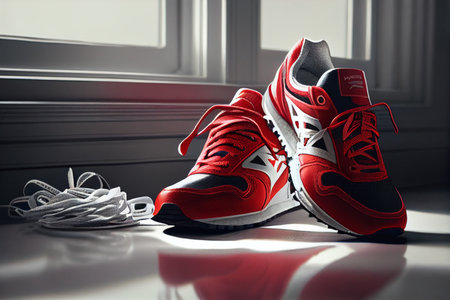 Red white sneakers. Modern runners sport shoes. Ai generativeの素材