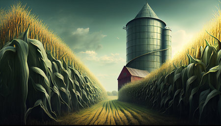 Silos in a barley field low angle view. Storage of agricultural production. Ai generativeの素材