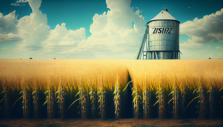 Silos in a barley field low angle view. Storage of agricultural production. Ai generativeの素材