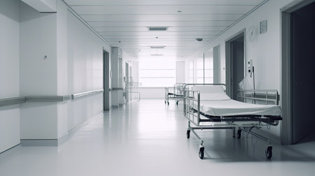 Long hospital bright corridor with rooms and seats.の素材