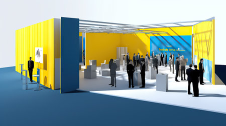 Commercial stand in an exhibition hall or a large professional salon ready to receive brands and advertisements.の素材
