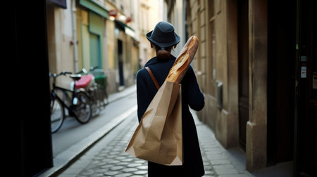 Parisien Baguette Bread in biodegradable paper bag. Ai generativeの素材