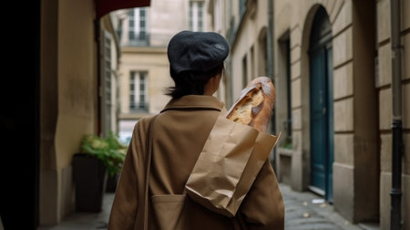 Parisien Baguette Bread in biodegradable paper bag. Ai generativeの素材