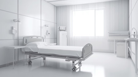 White Recovery Room with beds and comfortable medical equipped in a hospital. Intensive care unit. Ai generativeの素材