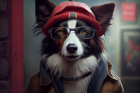 Funny dog in hipster wear. Ireland terrier looks at copy space, winter accessories or seasonal concept. Ai generativeの素材