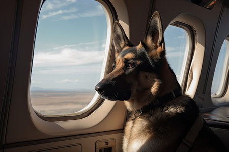 Travelling with pet. Cute long haired dog near window in airplane. Ai generativeの素材