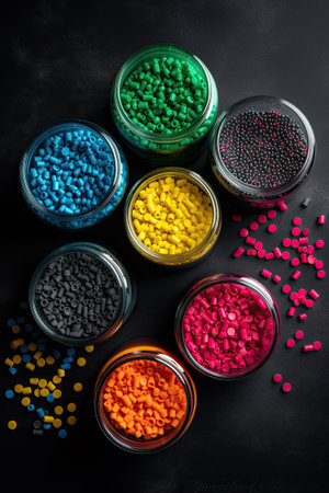 Recycled crushed plastic granules turned into new reused material. Plastic crossover. Recycled plastic with mixed colors. Ai generativeの素材