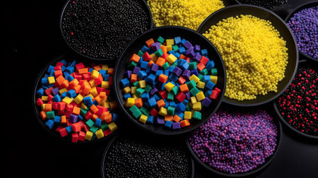 Recycled crushed plastic granules turned into new reused material. Plastic crossover. Recycled plastic with mixed colors. Ai generativeの素材