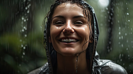 Image of positive young woman smiling during rain in tropical forest. Cheerful female enjoying the rain outdoors. Ai generativeの素材
