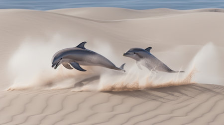 Dolphins jumping in sand desert, ai generativeの素材