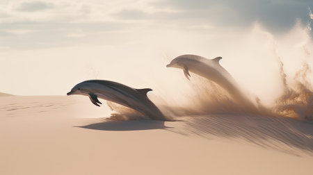 Dolphins jumping in sand desert, ai generativeの素材
