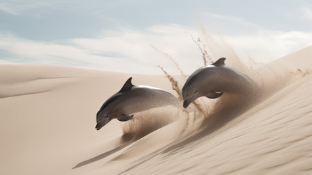 Dolphins jumping in sand desert, ai generativeの素材