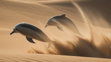 Dolphins jumping in sand desert, ai generativeの素材