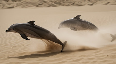 Dolphins jumping in sand desert, ai generativeの素材