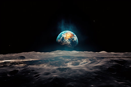 Collision of planets in space. Global catastrophe on earth, view from the lunar base. Ai generativeの素材
