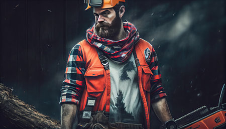 Brutal lumberjack concept. Man in hat and warm jacket looks brutally. Ai generativeの素材