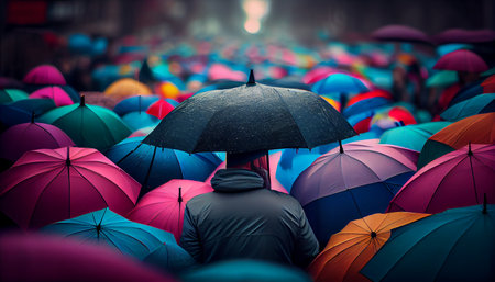 colorful umbrella open in the crowded street on the street. Ai generativeの素材