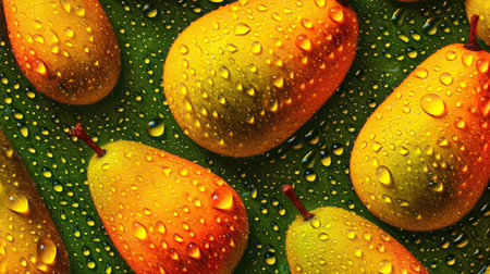 Fresh delicious sweet mangoes with water drops, ai generativeの素材