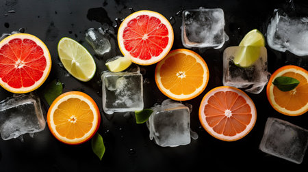 Juicy citrus in ice cubes background. Lemon, lime, orange, tangerine, grapefruit Ai generativeの素材