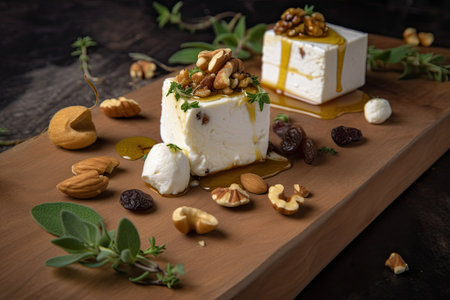 Buratta cheese with persimmon and nuts appetizer. medley of sweet and salty cubes of creamy burrata and variety of herbs and nuts, ai generativeの素材