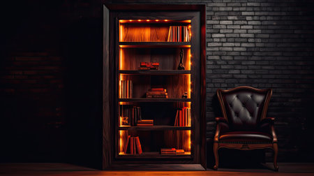 Books on shelves on wall background at night, ai generativeの素材