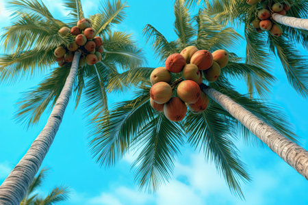 coconuts on Palm tree of on blue sky background, ai generativeの素材