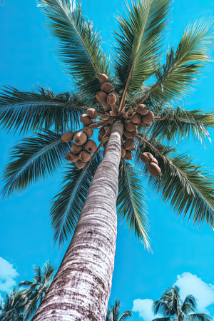 coconuts on Palm tree of on blue sky background, ai generativeの素材