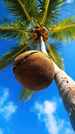 coconuts on Palm tree of on blue sky background, ai generativeの素材