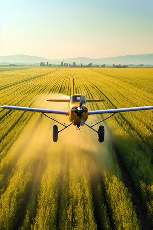 An agricultural aircraft plane watering a field during the daytime. Ai generativeの素材