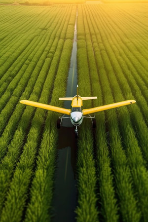 An agricultural aircraft plane watering a field during the daytime. Ai generativeの素材