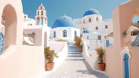 View of Oia town in Santorini island in Greece -- Greek landscape, ai generativeの素材