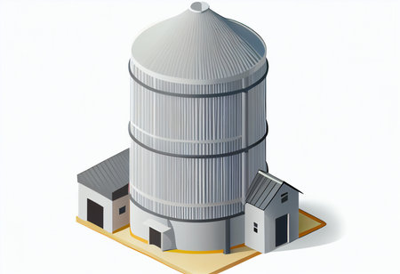 Silos in a barley field. Storage of agricultural production. Illustration on white background. Ai generativeの素材