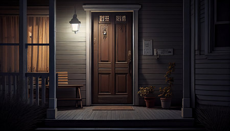 Exterior of luxury home in evening, entrance door. Ai generativeの写真素材