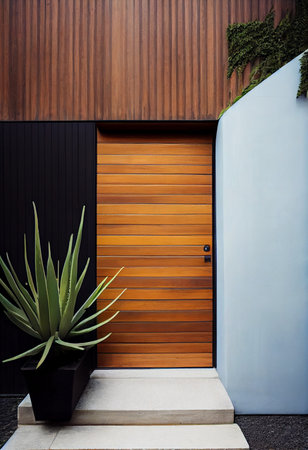 Wooden entrance door to modern white house with paving footpath and backside garden. Ai generativeの素材