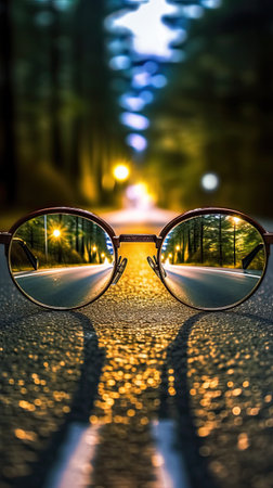 road center line leading to source of light behind an eyeglasses, with blur background, ai generativeの素材