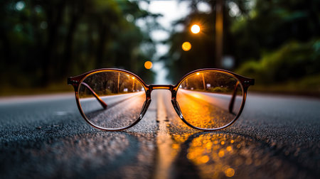 road center line leading to source of light behind an eyeglasses, with blur background, ai generativeの素材