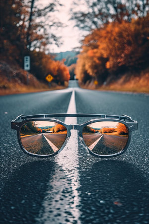 road center line leading to source of light behind an eyeglasses, with blur background, ai generativeの素材