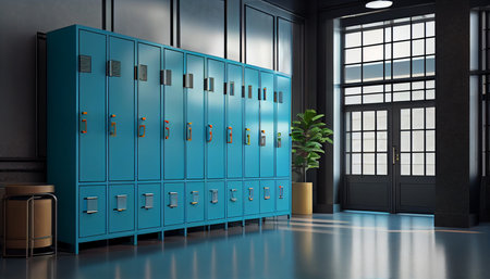 Sports background of a locker room with blue metal cage style lockers, some open, with a wooden bench, ai generativeの素材