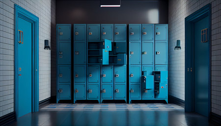 Sports background of a locker room with blue metal cage style lockers, some open, with a wooden bench, ai generativeの素材