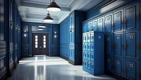 Blue Room with school lockers, Changing room elementary school, Security blue lockers, Changing room in school, ai generativeの素材