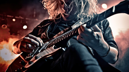 Electro guitar in the hands of a rock musician. Rock concert at the club. Ai generativeの素材