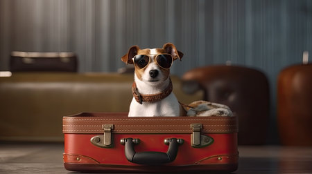 Cute dog breed Jack Russell Terrier in sunglasses lies with suitcase. Funny vacation and travel concept, ai generativeの素材