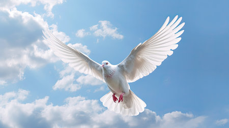 Dove in the air with wings wide open in-front of sky. Ai generativeの素材