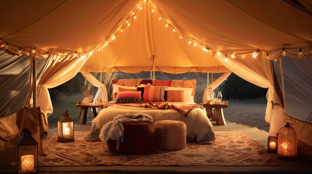 evening view with indian glamping tent, Glamping site in the woods on a calm afternoon. Ai generativeの素材