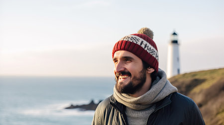Traveler on background of lighthouse by sea. Portrait of a bearded scientist man with Lighthouse, ai generativeの素材