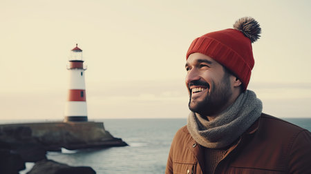 Traveler on background of lighthouse by sea. Portrait of a bearded scientist man with Lighthouse, ai generativeの素材