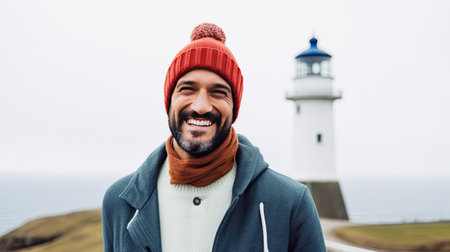 Traveler on background of lighthouse by sea. Portrait of a bearded scientist man with Lighthouse, ai generativeの素材