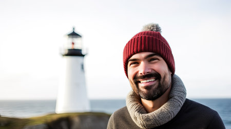 Traveler on background of lighthouse by sea. Portrait of a bearded scientist man with Lighthouse, ai generativeの素材