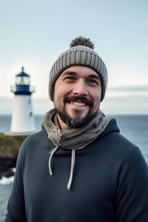 Traveler on background of lighthouse by sea. Portrait of a bearded scientist man with Lighthouse, ai generativeの素材